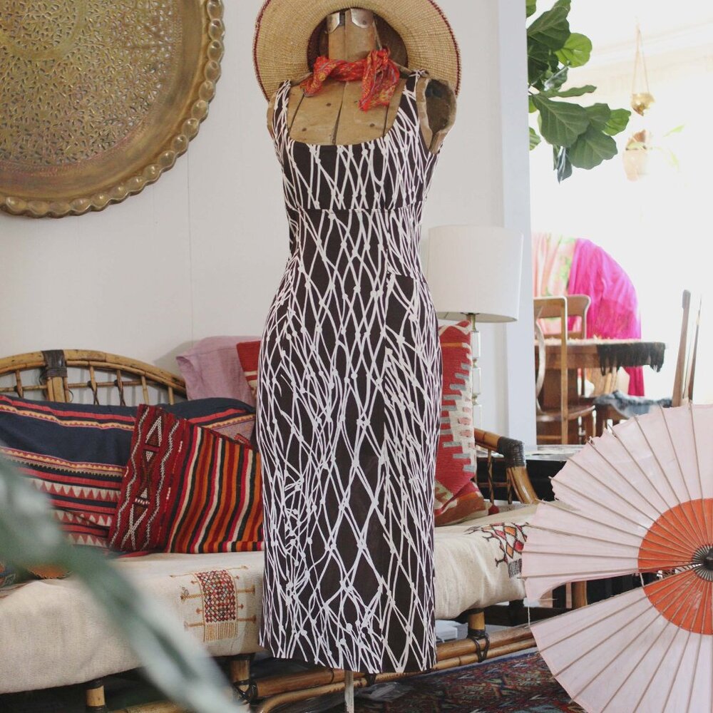 Y2K DVF Abstract fishnet print brown and white silk jersey scoop back dress